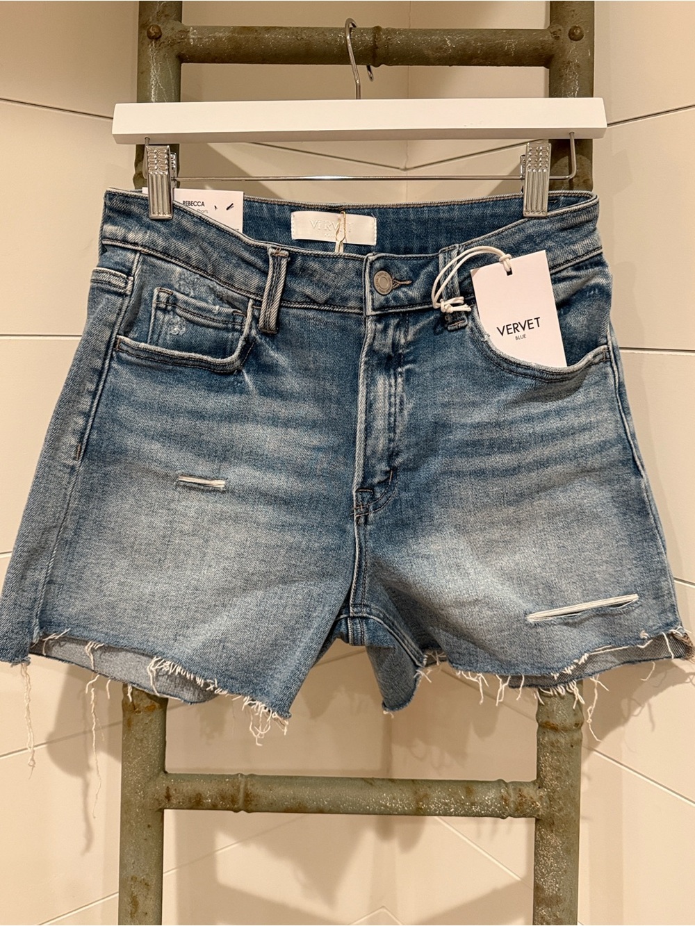 NEW REBECCA High Rise Distressed Denim Shorts - Blue